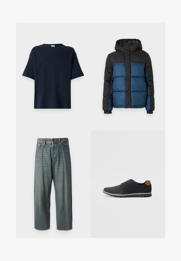 Párnázott kabát fekete kapucnival és felső résszel, kék alsó résszel. A dizájn vízszintesen varrott panelekből és elasztikus mandzsettákból áll.; Sötétkék, rövid ujjú póló sima anyagból, kerek nyakkivágással és laza szabással, további díszítések vagy minták nélkül.; Világoskék farmernadrág, laza fazonnal, közepes derékbőséggel és egyenes szárral. Öt zsebet, övbucskát és gombos záródást tartalmaz.; Fekete szintetikus cipők, textúrált felsőrésszel, sima díszítésekkel, barna sarkával és kontrasztos talppal. Minimális fűzéssel és varrási részletekkel rendelkezik.