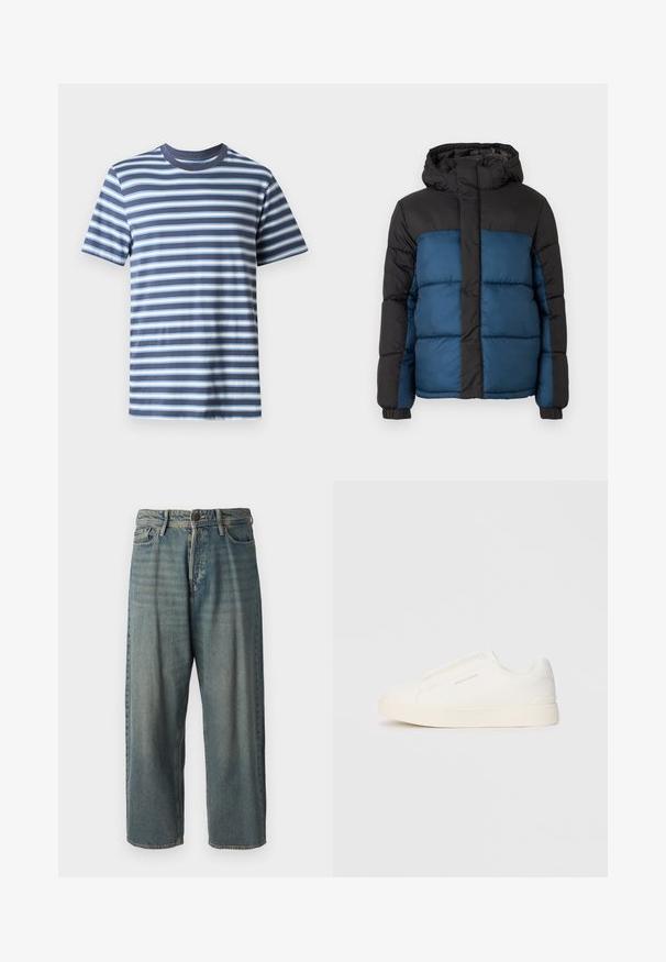 Pehmendatud jakker, millel on must kapuuts ja ülemine osa ning sinine alumine osa. Disain sisaldab horisontaalselt õmmeldud paneele ja elastseid varrukaid.; Püstprindiga t-särk tumesinisest kangast, millel on helesinised ja valged horisontaalsed triibud. Klassikaline ringkaeluse disain, valmistatud pehmest puuvillast.; Heledad sinine denim-stiilis teksad, volüümse lõike, keskmise kõrgusega talje ja sirgete säärega. Omab viit taskut, vöökumme ja nööpide sulgemist.; Valged libisemiskindlad tossud tekstuuriga pinnaga, paksu tallaga ja minimalistikus disainis. Küljel on brändi logo.