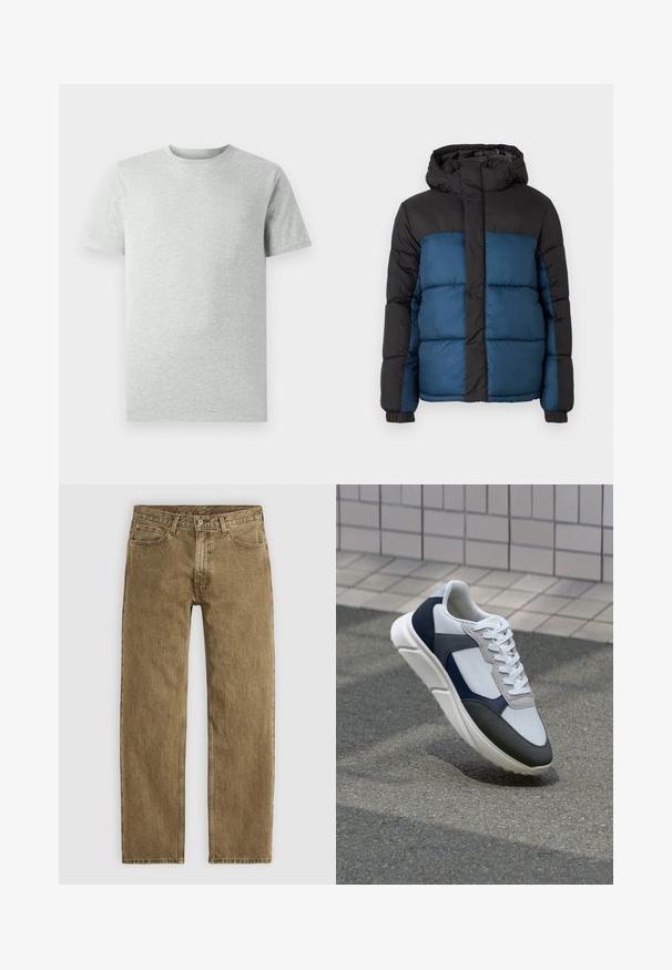 Gepolsterte Jacke mit schwarzer Kapuze und oberem Bereich, der einen blauen unteren Bereich hat. Das Design umfasst horizontal genähte Paneele und elastische Bündchen.; Ein einfarbiges, hellgraues T-Shirt mit kurzen Ärmeln und Rundhalsausschnitt, auf einem weißen Hintergrund, Frontansicht, ohne sichtbare Logos oder Designs.; Hellbraune Denim-Jeans mit geradem Bein, fünf Taschen und Beschlägen in Kupferfarbe. Texturiertes Material mit sichtbaren Nähdetails.; Weißer, marineblauer und grauer Sneaker mit einem Materialmix-Design, das ein strukturiertes Obermaterial, flache Schnürsenkel und eine gepolsterte Sohle aufweist.
