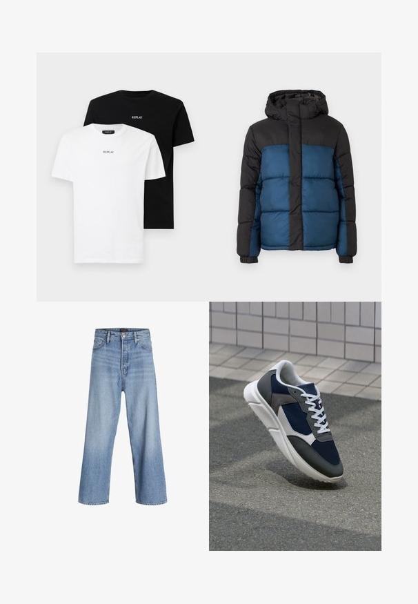 Pufota jaka ar melnu kapuci un augšējo daļu, kas aprīkota ar zilu apakšējo daļu. Dizainu veido horizontāli šūti paneļi un elastīgas aproces.; Divas kokvilnas T-krekli, viens balts un otrs melns, abi ar īsām piedurknēm un apaļu kakla izgriezumu. Abi ir ar "REPLAY" logo centrā.; Gaiši zili džinsu bikses ar platām kājām un augstu jostu, kas aprīkotas ar pogu aizdari, piecu kabatu dizainu un vieglu izbalējušu efektu. Tīra apdare.; Sporta apavi ar tumši zilas krāsas tīkla augšdaļu, pelēku zamšādas akcentiem, baltu gumijas zoli un plakaniem baltiem šņorēm, kas izstrādāti komfortam un elpojamībai.