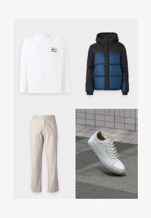 Geacă căptușită cu glugă neagră și secțiune superioară, având o secțiune inferioară albastră. Designul include panouri cusute orizontal și manșoane elastice.; Tricou alb cu mânecă lungă din bumbac, cu un logo bleumarin pe piept. Decupaj rotund la gât și tiv drept, cu mâneci lungi și confortabile.; Pantaloni cargo bej din bumbac rezistent, cu picioare drepte, închidere cu buton frontal și buzunare laterale pentru utilitate. Textură fină cu cusături subtile.; Adidași albi din piele texturată, cu șireturi în față, talpă de cauciuc rezistentă și un design minimalistic, cu vârf întărit.