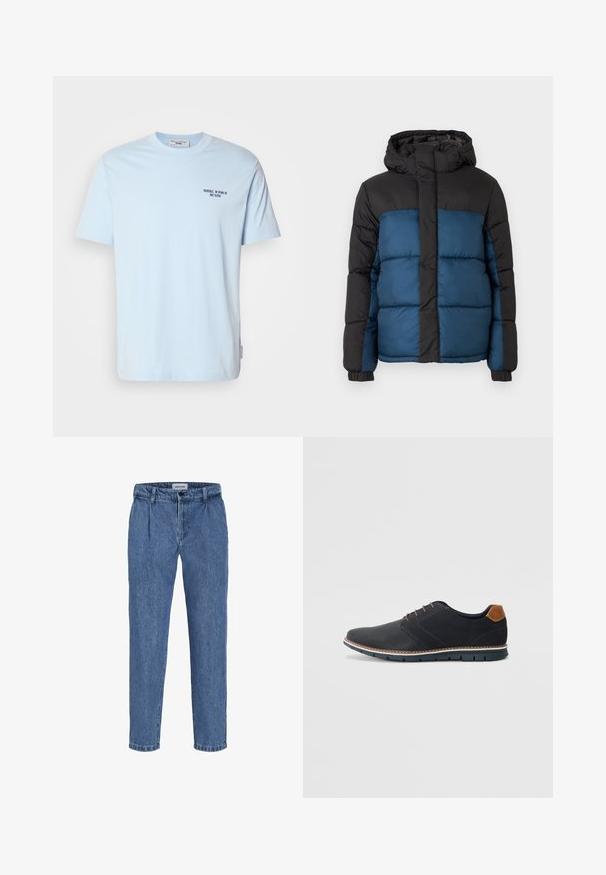 Padded jacket s čiernou kapucňou a hornou časťou, s modrou spodnou časťou. Dizajn obsahuje horizontálne prešité panely a elastické manžety.; Svetlomodré bavlnené tričko s okrúhlym výstrihom, krátkymi rukávmi a malým tmavým potlačou, na ktorej je napísané "MARC O’POLO DENIM" na hrudi.; Svetlomodré džíny s uvoľneným strihom, s vysokým pásom, dvoma prednými záhybmi a obrubovaným lemom. Jednoduché zapínanie na gombík a zips.; Čierne syntetické topánky so štruktúrovaným zvrškom, hladkými akcentmi, hnedým opätkom a kontrastnou podrážkou. Majú minimálne šnurovanie a detaily prešitia.