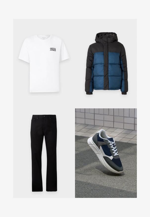 Geacă căptușită cu glugă neagră și secțiune superioară, având o secțiune inferioară albastră. Designul include panouri cusute orizontal și manșoane elastice.; Trișor alb din bumbac, cu mâneci scurte și guler rotund. Prezintă un logo cu text negru "JACK & JONES" în zona stângă a pieptului. Design simplu, de bază.; Jeans negre cu croi drept, fabricate din denim, cu închidere cu nasture în față, două buzunare laterale și o textură netedă.; Adidași cu un uppers din plasă albastră închisă, accente din suede gri, talpă din cauciuc alb și șireturi plate albe, concepuți pentru confort și respirabilitate.