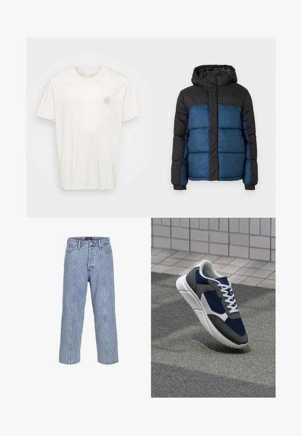 Paminkštintas švarkas su juodu gobtuvu ir viršutine dalimi, pasižymintis mėlyna apatine dalimi. Dizainą sudaro horizontalūs siuvimo segmentai ir elastiniai rankogaliai.; Trumpas rankovės, apvaliu kaklu marškinėliai šviesiai baltos spalvos iš medvilnės. Papuošti mažos saulės grafika kairėje krūtinės pusėje. Malonus prie kūno, laisva forma.; Šviesiai mėlynos džinsinės kelnės su laisvu siluetu, plačiomis kojomis ir matomomis siuvimo detalėmis. Turi mygtuką ir užtrauktuką, taip pat penkias kišenes.; Sportiniai bateliai su tamsiai mėlynu tinkliniu viršumi, pilkais zomšiniais akcentais, balta guma padanga ir plokščiomis baltomis raištelėmis, sukurti komfortui ir oro pralaidumui.