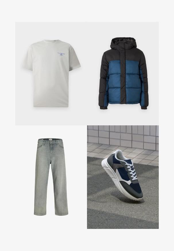 Polstret jakke med en sort hætte og øverste sektion, prydet med en blå nederste sektion. Designet inkluderer horisontalt syede paneler og elastiske manchetter.; Lys grå bomulds T-shirt med korte ærmer, rund halsudskæring og en lille blå logotekst på venstre brystområde. Glat overflade.; Lysegrå, løstsiddende jeans lavet af denim. Har et klassisk fem-lomme design, bæltestropper og en lige ben silhuet.; Sneakers med en overdel i marineblå mesh, grå suedeteksturer, hvid gummisål og flade hvide snørebånd, designet til komfort og åndbarhed.