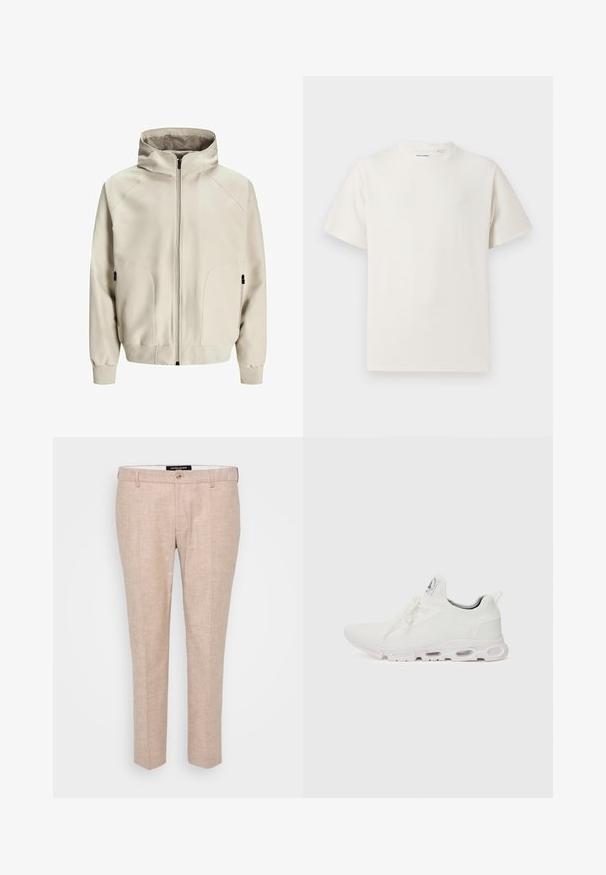 Lys beige hettegenser med glidelås, sidelommer og ribbede mansjetter. Glatt stoff med matt finish og diskrete sømdetaljer.; Hvit T-skjorte med kort erm i ribbestrikket tekstur. Rund hals, avslappet passform, ingen synlige mønstre eller detaljer. Enkelt og allsidig design.; Lyse beige bukser laget av en blanding av lin, med flat front, belteholdere og en enkelt knappelukking. Skreddersydd rett ben-design.; Hvite atletiske sko med et teksturert strikket overdel, flate snører og en polstret såle med synlige luftkamre for ekstra støtte.