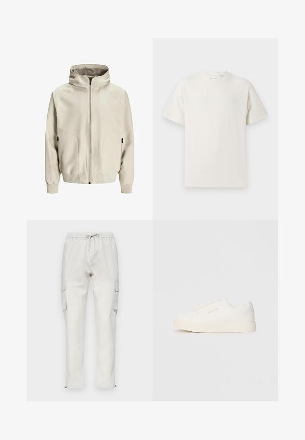 Világos bézs színű kapucnis dzseki cipzáras záródással, oldalsó zsebekkel és bordázott mandzsettákkal. Simább anyag matt felülettel és finom varrási részletekkel.; Fehér, rövid ujjú póló bordázott textúrával. Kerek nyakkivágás, laza szabás, nincs látható minta vagy díszítés. Egyszerű és sokoldalú dizájn.; Világos bézs színű, pamut anyagú cargo nadrág, elasztikus derékkal és húzózsinórral, oldalsó zsebekkel és cipzárokkal a bokáknál.; Fehér slip-on sportcipők texturált felülettel, vastag talppal és minimalista dizájnnal. Az oldalon a márka logója található.