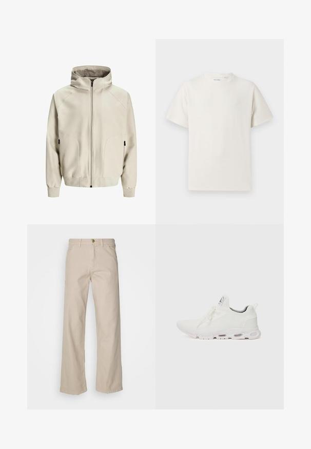 Light beige hooded jacket with a zip closure, side pockets, and ribbed cuffs. Smooth fabric with a matte finish and subtle stitching details.; White short-sleeve T-shirt in a ribbed texture. Round neckline, relaxed fit, no visible patterns or accents. Simple and versatile design.; Beige cotton wide-leg trousers with five pockets, a button closure, and belt loops; smooth texture with a straight cut and hem.; White athletic shoes featuring a textured knit upper, flat laces, and a cushioned sole with visible air chambers for added support.