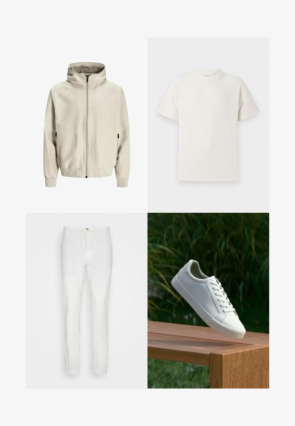 Világos bézs színű kapucnis dzseki cipzáras záródással, oldalsó zsebekkel és bordázott mandzsettákkal. Simább anyag matt felülettel és finom varrási részletekkel.; Fehér, rövid ujjú póló bordázott textúrával. Kerek nyakkivágás, laza szabás, nincs látható minta vagy díszítés. Egyszerű és sokoldalú dizájn.; Fehér len nadrág elasztikus derékrésszel és húzózsinórral. Szűkített dizájn, elasztikus mandzsettákkal a bokáknál. Puha tapintású, könnyű anyag.; Fehér fűzős sneaker lebeg egy fa padról, hátterében zöld növényzet található, bemutatva a cipő dizájnját és textúráját.