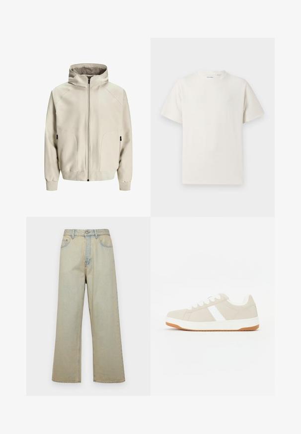Vaaleanbeige huppari, jossa on vetoketjusuljenta, sivutaskut ja ribbauslahkeet. Sileä kangas, jossa on matta pinta ja hienovaraiset ompeluyksityiskohdat.; Valkoinen lyhythihainen T-paita ribbikuviossa. Pyöreä kaula-aukko, rento istuvuus, ei näkyviä kuvioita tai yksityiskohtia. Yksinkertainen ja monikäyttöinen muotoilu.; Vaaleansiniset leveät farkut, jotka on valmistettu denimistä ja joissa on haalistunut pinta. Varustettu viidellä taskulla ja etunappikiinnityksellä.; Beige lenkkarit valkoisilla yksityiskohdilla, mokkanahkainen pinta, pyöreä muoto, nauhallinen malli ja kontrastivärinen kumipohja.