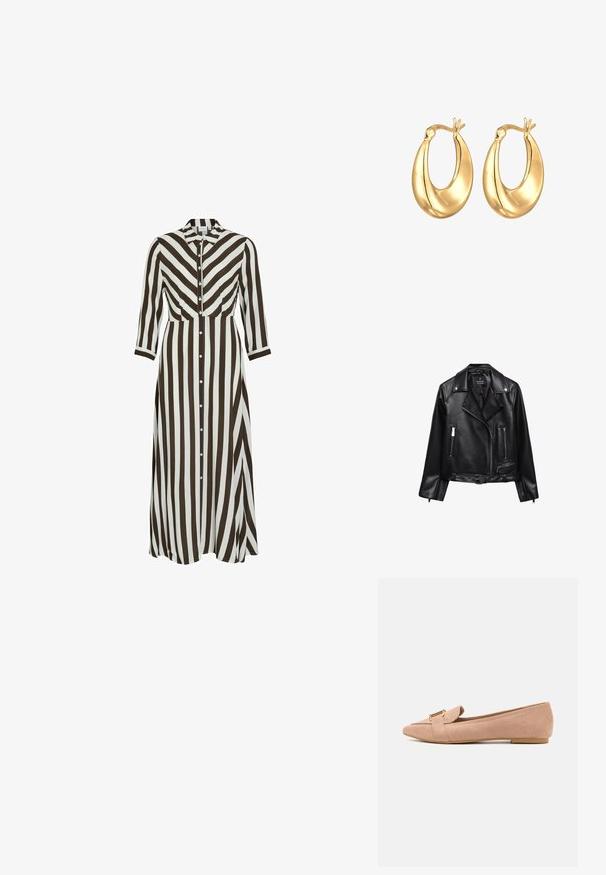 Musta nahkainen moottoripyörätakki, jossa on vyöllinen vyötärö, hopeiset yksityiskohdat, vetoketjulliset taskut ja muotoiltu kaulus. Luja pinta ja istuva malli.; Pitkähihainen, napitusdressi, jossa on rohkeat ruskeat ja valkoiset pystysuorat raidat. Kauluksen malli, pitkät hihat ja virtaava siluetti.; Vaaleanpunaiset mokkanahkaiset tasapohjaiset kengät, joissa on terävä kärki, kultainen varuste ja mukava kumipohja.; Kultaiset rengaskorvakorut, joissa on sileä, pyöreä muoto ja kiiltävä pinta. Varustettu ainutlaatuisella käsityöllä ylhäällä kiinnittämistä varten.