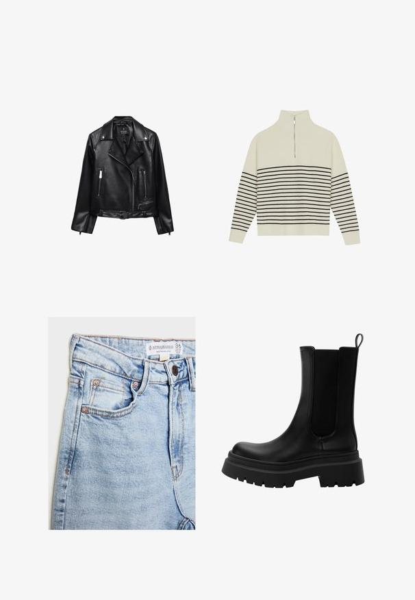 Musta nahkainen moottoripyörätakki, jossa on vyöllinen vyötärö, hopeiset yksityiskohdat, vetoketjulliset taskut ja muotoiltu kaulus. Luja pinta ja istuva malli.; Kermarinvärinen neule, jossa on korkeakauluksinen malli, pystynukkakuvio ja vaakasuorat mustat raidat vartalon ja hihojen läpi. Hopeinen vetoketjuyksityiskohta.; Vaaleansiniset farkut, joissa on korkea vyötärö, viisi taskua, kuparinväriset yksityiskohdat ja hienovarainen kuluminen, vyötäröllä oleva etiketti.; Mustat nahkaiset Chelsea-kengät, joissa on joustavat sivupaneelit, paksu kumipohja ja pyöristetty kärki. Rakeinen ja tasainen pinta.