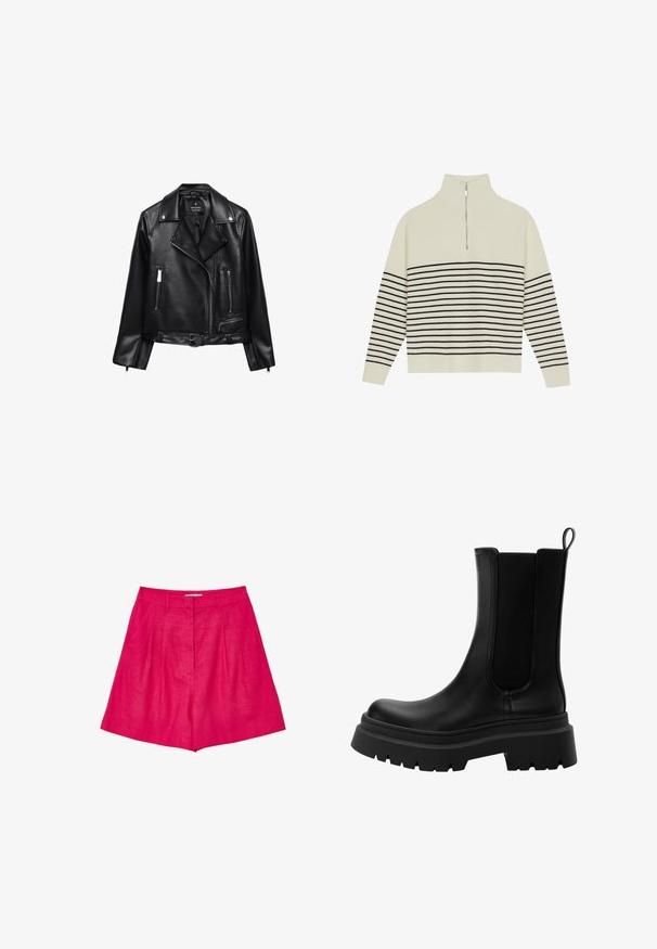 Veste de moto en cuir noir avec une taille ceinturée, des accessoires en argent, des poches zippées et un col cranté. Texture lisse et design ajusté.; Pull crème avec un col haut, texture à côtes verticales et rayures noires horizontales sur le corps et les manches. Détail de fermeture éclair argenté.; Shorts en lin fuchsia avec une taille haute, un devant plissé et des poches latérales, présentant une couleur unie et nette sans motifs ni accents supplémentaires.; Bottines Chelsea en cuir noir avec panneaux latéraux élastiques, semelle en caoutchouc épaisse et bout arrondi. Fini texturé et lisse.
