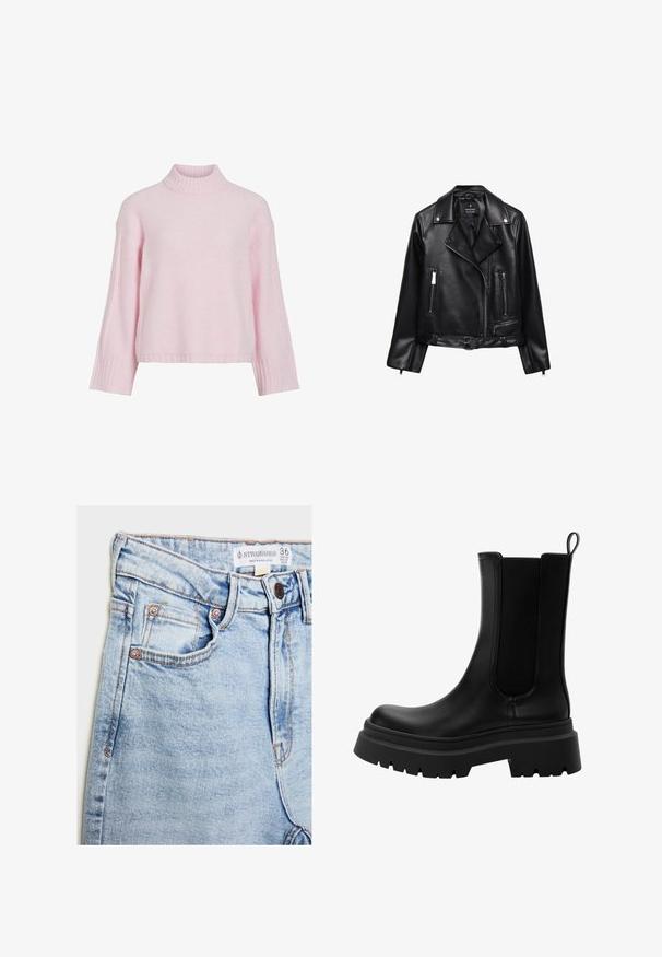 Giacca moto in pelle nera con vita regolabile, minuteria in argento, tasche con zip e colletto a pattina. Texture liscia e design aderente.; Maglione rosa chiaro lavorato a maglia con collo alto, spalle scese e polsini e orlo a costine. Tessuto morbido, vestibilità comoda.; Jeans in denim azzurro chiaro con vita alta, cinque tasche, accessori in tonalità rame e leggera scoloritura, con etichetta sulla vita.; Stivali Chelsea in pelle nera con inserti elastici laterali, suola in gomma spessa e punta arrotondata. Finitura texturizzata e liscia.