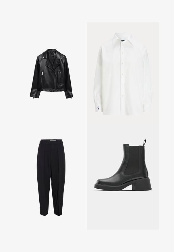 Črna usnjena motoristična jakna z pasom, srebrnimi okovi, zadrgo z dotokom in odprtinami ter ovratnikom z žlebom. Gladka tekstura in prilegajoč dizajn.; Bela srajca s dolgimi rokavi, klasičen ovratnik in majhna modra oznaka na manšeti. Gladko bombažno blago, strukturirana prileganje.; Črne prilagojene hlače z visokim pasom, z gubami in skrajšanim, zoženim krojem. Gladka tkanina z matiranjem.; Črne usnjene gležnjarje z elastičnimi stranskimi paneli, zaobljenim nosom in masivnim blokastim peto. Gladka tekstura z minimalističnim dizajnom.