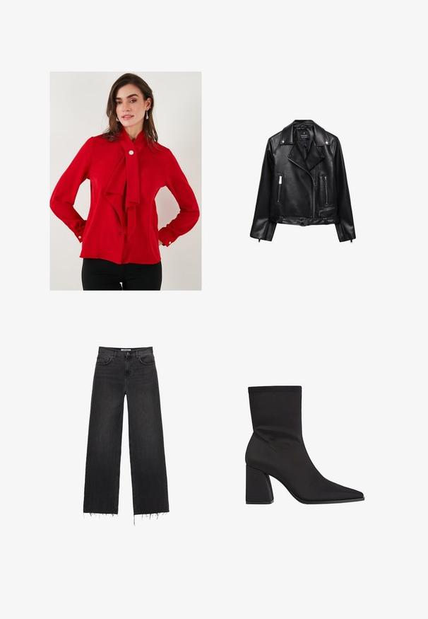 Zwarte leren motorjack met een ceintuur in de taille, zilverkleurige accenten, ritszakken en een gesneden kraag. Glad materiaal en getailleerd ontwerp.; Rode blouse van gladde stof met een strik bij de kraag, lange mouwen met knoopmanchetten en een enkele knoopsluiting bij de hals.; Hoge taille, wijde zwarte denimspijkerbroek met franjes aan de onderkant, vijf zakken en knoopsluiting. Glad textuur met een vervaagde afwerking.; Zwarte enkelboots van gladde stof, met een spitse teen, blokhak en een naadloos ontwerp met subtiele stikdetails.