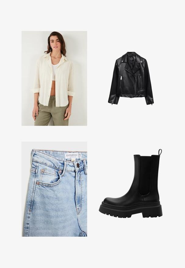 Černá kožená motorkářská bunda s páskem v pase, stříbrným kováním, zipovými kapsami a zářezovým límcem. Hladká textura a přiléhavý střih.; Volnější krémová košile s knoflíkovým zapínáním, límcem a vyhrnutými rukávy, vyrobená z lehké texturované látky. V kombinaci s olivovými kalhotami.; Světle modré džíny z denimu s vysokým pasem, pěti kapsami, hardwarem v měděném tónu a jemným vyblednutím, s etiketou na pásku.; Černé kožené Chelsea boty s elastickými bočními panely, silnou gumovou podrážkou a zaoblenou špičkou. Texturovaný a hladký povrch.