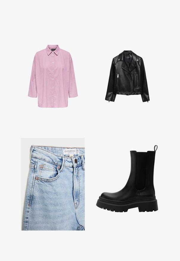 Czarna skórzana kurtka motocyklowa z paskiem w talii, srebrnymi elementami, kieszeniami na zamek oraz wyciętym kołnierzem. Gładka tekstura i dopasowany krój.; Różowa i biała w paski koszula zapinana na guziki z kołnierzykiem, z rękawami o długości trzech czwartych i luźnym krojem. Wykonana z lekkiego, gładkiego materiału.; Jasnoniebieskie dżinsy o wysokim stanie, z pięcioma kieszeniami, miedziowanymi detalami i subtelnym wyblaknięciem, z metką na pasku.; Czarne skórzane botki Chelsea z elastycznymi panelami po bokach, masywną gumową podeszwą oraz okrągłym czubkiem. Teksturowane i gładkie wykończenie.
