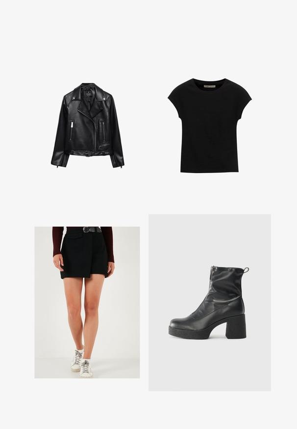 Černá kožená motorkářská bunda s páskem v pase, stříbrným kováním, zipovými kapsami a zářezovým límcem. Hladká textura a přiléhavý střih.; Černé tričko s krátkým rukávem vyrobené z měkké tkaniny, s kulatým výstřihem a volným střihem, s hladkým povrchem a bez vzorů.; Černé kraťasy s bočním panely, disponující přední kapsou a páskem. Model má na sobě bílé tenisky s šedými akcenty. Hladká textura.; Černé kotníkové boty vyrobené z hladké kůže, s bočním zipem, robustním strukturovaným podpatkem a kulatou špičkou.