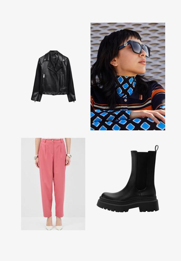 Veste de moto en cuir noir avec une taille ceinturée, des accessoires en argent, des poches zippées et un col cranté. Texture lisse et design ajusté.; T-shirt blanc à manches courtes en coton, avec un col rond, un ourlet droit et une texture douce et lisse. Pas de motifs ni de graphiques.; Pantalons ajustés rose pâle avec plis avant et fermeture à bouton, présentant une coupe ample et des poches. Associés à des talons pointus blancs.; Bottines Chelsea en cuir noir avec panneaux latéraux élastiques, semelle en caoutchouc épaisse et bout arrondi. Fini texturé et lisse.; De grandes lunettes de soleil noires avec un logo sur le côté, portées avec un col roulé à motifs bleus et noirs présentant des formes angulaires et des rayures.