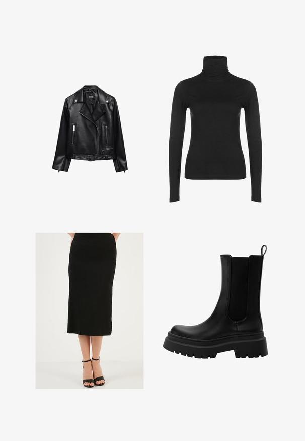 Černá kožená motorkářská bunda s páskem v pase, stříbrným kováním, zipovými kapsami a zářezovým límcem. Hladká textura a přiléhavý střih.; Černý dlouhý rukáv turtleneck top, vyrobený z hladkého, elastického materiálu. Vyznačuje se vysokým límcem a přiléhavým střihem, bez viditelných vzorů nebo akcentů.; Černá midi sukně vyrobená z texturované tkaniny s hladkým pasem. V kombinaci s černými páskovými podpatky s tenkým kotníkovým páskem.; Černé kožené Chelsea boty s elastickými bočními panely, silnou gumovou podrážkou a zaoblenou špičkou. Texturovaný a hladký povrch.