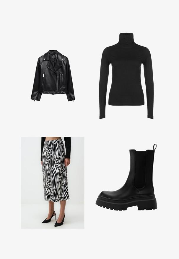 Schwarze Leder-Motorradjacke mit einem belüfteten Taillenbund, silbernen Beschlägen, Reißverschlusstaschen und einem eingekerbten Kragen. Glatte Textur und taillierte Passform.; Schwarzes langärmliges Rollkragenoberteil aus glattem, dehnbarem Stoff. Es hat einen hohen Kragen und eine figurbetonte Silhouette, ohne sichtbare Muster oder Akzente.; Schwarz-weißer Rock mit Zebramuster, aus leichtem Stoff gefertigt, hat ein luftiges Design mit einer mittellangen Schnittform und wird kombiniert mit schwarzen spitz zulaufenden Pumps.; Schwarze Leder Chelsea-Stiefel mit elastischen Seitenteilen, robuster Gummisohle und abgerundetem Zeh. Texturierte und glatte Oberfläche.