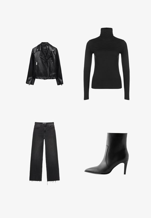 Giacca moto in pelle nera con vita regolabile, minuteria in argento, tasche con zip e colletto a pattina. Texture liscia e design aderente.; Maglia nera a maniche lunghe con collo alto, realizzata in un tessuto liscio e elasticizzato. Presenta un collo alto e una silhouette aderente, senza pattern o dettagli visibili.; Jeans in denim nero a gamba larga con vita alta e orlo sfilacciato, design a cinque tasche e chiusura con bottone. Texture liscia con un finish sbiadito.; Stivale in pelle nera alla caviglia con punta affusolata, texture liscia e tacco a spillo. Design minimalista senza decorazioni.