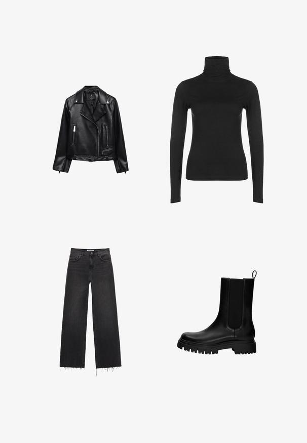 Črna usnjena motoristična jakna z pasom, srebrnimi okovi, zadrgo z dotokom in odprtinami ter ovratnikom z žlebom. Gladka tekstura in prilegajoč dizajn.; Črna dolgoročinka z visokim ovratnikom, izdelana iz gladkega, raztegljivega materiala. Ima visok ovratnik in prilagojeno silhueto, brez vidnih vzorcev ali akcentov.; Visoke široke črne kavbojke z raztrgano spodnjo obrobo, pet žepnim dizajnom in gumbnim zapiranjem. Gladka tekstura z bledim zaključkom.; Črne usnjene gležnjarje z elastikami ob straneh, z ročajem na zadnji strani in debelim, odpornih podplatom. Gladka tekstura z modernim dizajnom.
