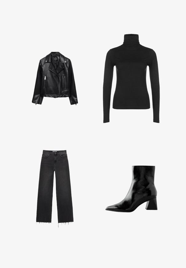 Veste de moto en cuir noir avec une taille ceinturée, des accessoires en argent, des poches zippées et un col cranté. Texture lisse et design ajusté.; Haut à col roulé noir à manches longues, fabriqué en tissu lisse et extensible. Il présente un col haut et une silhouette ajustée, sans motifs ni accents visibles.; Jeans en denim noir à taille haute et jambes larges avec ourlet effiloché, design à cinq poches et fermeture à bouton. Texture lisse avec une finition délavée.; Bottine noire avec une finition brillante, bout pointu et un large talon carré. Texture lisse avec un design épuré et minimaliste.
