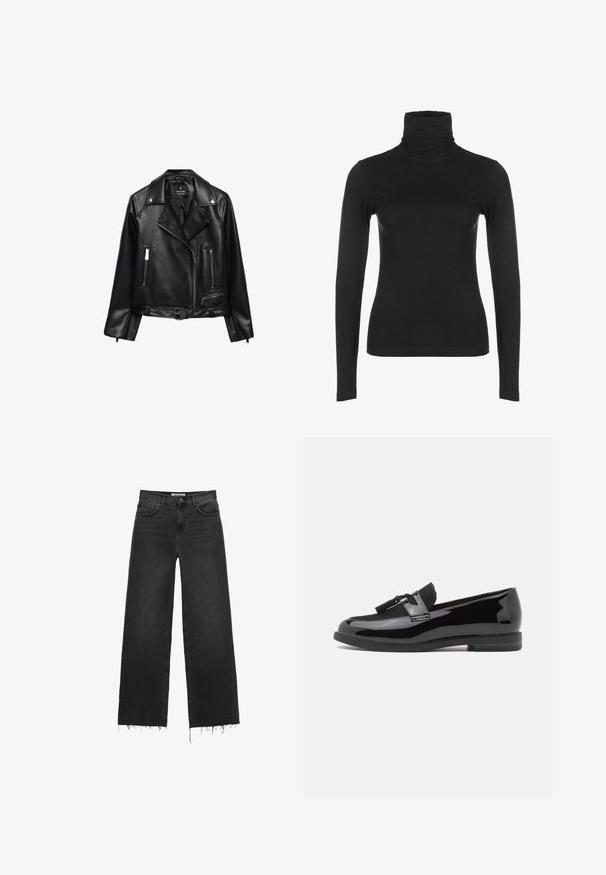 Čierna kožená motorkárska bunda s opaskom v páse, striebornými kovovými prvkami, zipsovými vreckami a s výstrihom do "V". Hladká textura a priliehavý strih.; Čierny dlhý rukáv rolák, vyrobený z jemnej, elastickej látky. Vyznačuje sa vysokým golierom a priliehavým strihom, bez viditeľných vzorov alebo akcentov.; Čierne riflové džínsy s vysokým pásom a širokými nohavicami, s obranou lemom, dizajnom na päť vreciek a zapínaním na gombík. Hladký povrch s vyblednutým vzhľadom.; Čierne lakované kožené mokasíny s okrúhlou špičkou, dekoratívnym čiernym zamšovým remienkom a plochou gumovou podrážkou. Hladká textura s lesklým povrchom.