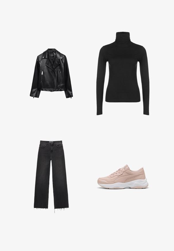 Musta nahkainen moottoripyörätakki, jossa on vyöllinen vyötärö, hopeiset yksityiskohdat, vetoketjulliset taskut ja muotoiltu kaulus. Luja pinta ja istuva malli.; Musta pitkähihainen poolopaita, joka on valmistettu sileästä, joustavasta kankaasta. Siinä on korkea kaulus ja pukeutuva siluetti, ilman näkyviä kuvioita tai koristeita.; Korkeavyötäröiset leveät mustat farkut, joissa on repaleinen helma, viisi taskua ja nappikiinnitys. Pehmeä pinta ja haalistunut viimeistely.; Vaaleanpunaiset urheilukengät, jotka on valmistettu synteettisestä nahasta. Kengissä on pehmustettu kaulus, valkoinen välipohja ja teksturoitu ulkopohja pitävän otteen varmistamiseksi.