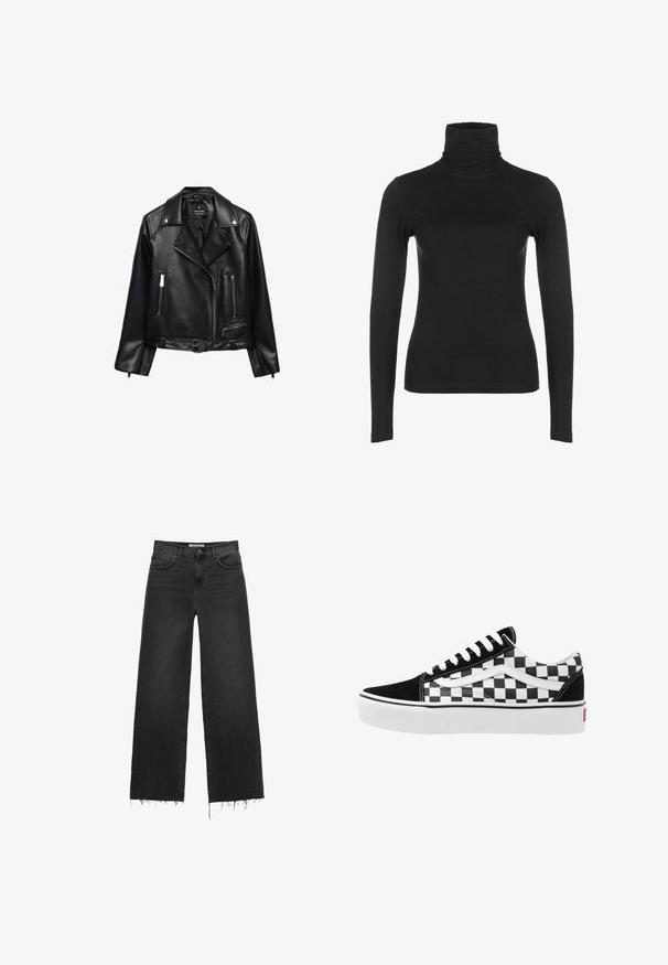 Czarna skórzana kurtka motocyklowa z paskiem w talii, srebrnymi elementami, kieszeniami na zamek oraz wyciętym kołnierzem. Gładka tekstura i dopasowany krój.; Czarny, długi rękaw, dopasowany golf, wykonany z gładkiego, elastycznego materiału. Posiada wysoki kołnierz i konturujący fason, bez widocznych wzorów czy zdobień.; Czarne dżinsy z szerokimi nogawkami i wysokim stanem, z postrzępionym dołem, pięcioma kieszeniami i zapięciem na guzik. Gładka tekstura z wyblakłym wykończeniem.; Czarno-biała sneakersy w kratę z płótna, z akcentami z czarnego zamszu, białymi sznurowadłami i gumową podeszwą. Logo z boku ma kontrastowy design.