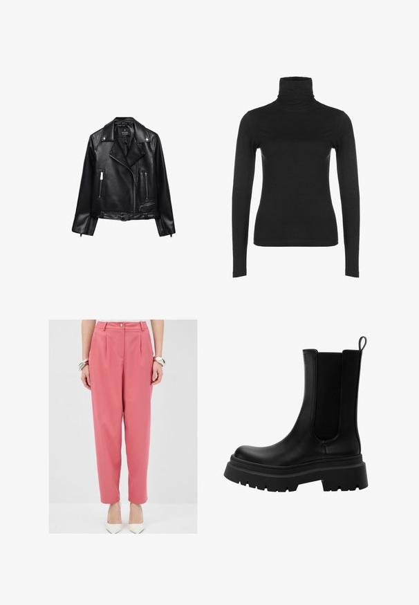 Sort lædermotorcykeljakke med bæltestrop i taljen, sølvhardware, lynlåslommer og klapkrave. Glat tekstur og tætsiddende design.; Sort langærmet turtleneck top i glat, strækbart stof. Har en høj krave og tætsiddende silhuet, uden synlige mønstre eller detaljer.; Rosa skræddersyede bukser med frontfolder og knaplukning, i en løs pasform og med lommer. Kombineret med hvide spidse hæle.; Sorte læder Chelsea støvler med elastiske sidepaneler, kraftig gummisål og rund tå. Struktureret og glat finish.