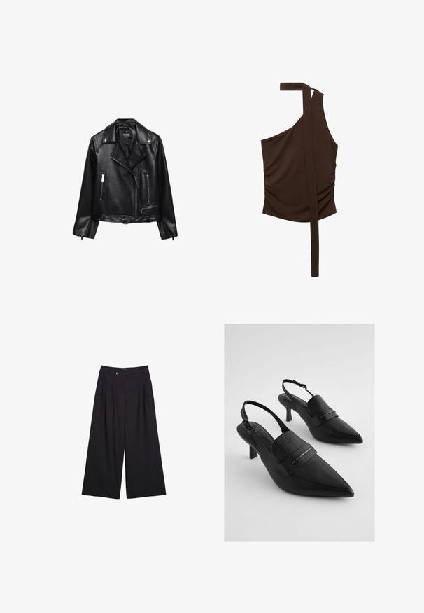 Veste de moto en cuir noir avec une taille ceinturée, des accessoires en argent, des poches zippées et un col cranté. Texture lisse et design ajusté.; Haut marron à une épaule, en tissu doux, avec un design drapé, des fronces sur le côté et une longue sangle descendant de l'épaule.; Pantalons larges noirs en tissu lisse, dotés de plis avant, d'une fermeture à bouton et d'une taille haute.; Escarpins slingback en cuir noir avec bouts pointus, présentant une large sangle avant et un accent en métal argenté. Fini texturé, talon moyen.