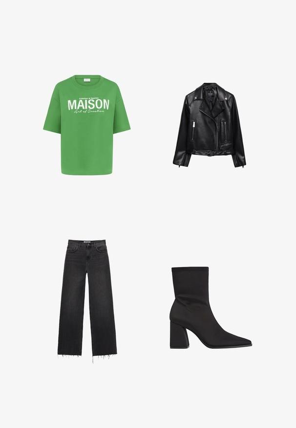 Schwarze Leder-Motorradjacke mit einem belüfteten Taillenbund, silbernen Beschlägen, Reißverschlusstaschen und einem eingekerbten Kragen. Glatte Textur und taillierte Passform.; Grünes Baumwoll-T-Shirt mit lockerer Passform, kurzen Ärmeln und weißem Drucktext, der "MAISON" sagt, sowie kleinerem Text darunter.; Hoch taillierte schwarze Jeans mit weitem Bein, fransigem Saum, fünf Taschen und Knopfverschluss. Glatte Textur mit einem verblassten Finish.; Schwarze Ankle Boots aus glattem Stoff, mit spitzem Schuhkopf, Blockabsatz und nahtlosem Design mit dezenten Nähdetails.