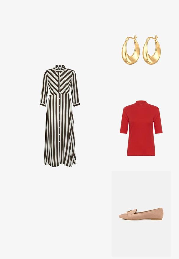 Musta nahkainen moottoripyörätakki, jossa on vyöllinen vyötärö, hopeiset yksityiskohdat, vetoketjulliset taskut ja muotoiltu kaulus. Luja pinta ja istuva malli.; Punainen ribattu neulepaita, jossa on korkea mock neck -kaulus ja lyhyet hihat. Paita on istuva ja sileän tuntunen.; Pitkähihainen, napitusdressi, jossa on rohkeat ruskeat ja valkoiset pystysuorat raidat. Kauluksen malli, pitkät hihat ja virtaava siluetti.; Vaaleanpunaiset mokkanahkaiset tasapohjaiset kengät, joissa on terävä kärki, kultainen varuste ja mukava kumipohja.; Mustat nahkalaukku, jossa on jämäkkä muotoilu, kahdella kultaisella soljella, kahdella yläkahvalla ja sileällä pinnalla.; Kultaiset rengaskorvakorut, joissa on sileä, pyöreä muoto ja kiiltävä pinta. Varustettu ainutlaatuisella käsityöllä ylhäällä kiinnittämistä varten.