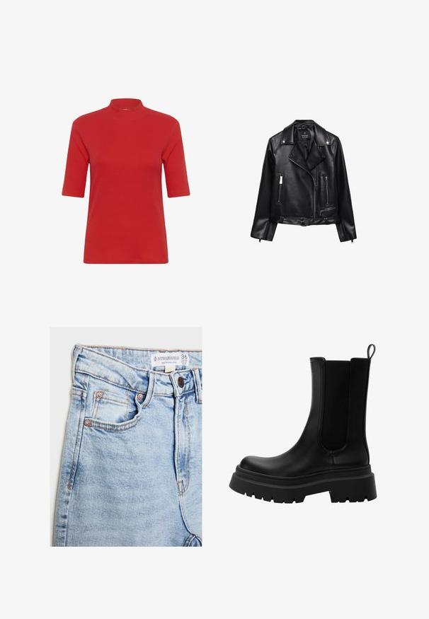 Schwarze Leder-Motorradjacke mit einem belüfteten Taillenbund, silbernen Beschlägen, Reißverschlusstaschen und einem eingekerbten Kragen. Glatte Textur und taillierte Passform.; Rotes geripptes Strick-T-Shirt mit hochgeschlossenem Kragen und kurzen Ärmeln, in figurbetonter Form und glatter Textur.; Helle blaue Jeans mit hoher Taille, fünf Taschen, Hardware in Kupferoptik und dezentem Ausbleichen, mit einem Etikett am Bund.; Schwarze Leder Chelsea-Stiefel mit elastischen Seitenteilen, robuster Gummisohle und abgerundetem Zeh. Texturierte und glatte Oberfläche.