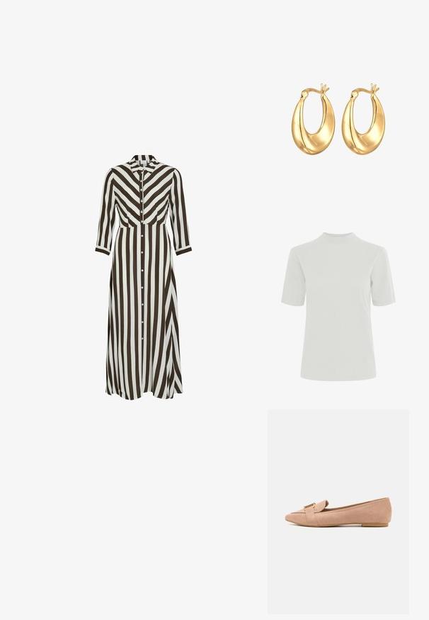 Sort lædermotorcykeljakke med bæltestrop i taljen, sølvhardware, lynlåslommer og klapkrave. Glat tekstur og tætsiddende design.; ICHI IHRANIA - T-shirts basic - cloud dancer; Lang, knap-op kjole med markante brune og hvide lodrette striber. Krave-design, lange ærmer og en flydende silhuet.; Lyserøde nubuck flade sko med spids tå-design, prydet med en guld hardware-detalje og en flad gummi sål for komfort.; Guldtonede hoops øreringe med en glat, rund form og blank finish. Har en unik hånddetalje øverst til sikring.