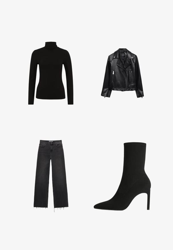 Schwarze Leder-Motorradjacke mit einem belüfteten Taillenbund, silbernen Beschlägen, Reißverschlusstaschen und einem eingekerbten Kragen. Glatte Textur und taillierte Passform.; Schwarzes Langarm-Polo mit schmaler Passform, hergestellt aus weichem, dehnbarem Stoff. Glatte Textur und minimale Details.; Hoch taillierte schwarze Jeans mit weitem Bein, fransigem Saum, fünf Taschen und Knopfverschluss. Glatte Textur mit einem verblassten Finish.; Schwarzer Knöchelstiefel aus weichem Wildleder, mit einer spitzen Zehe und hohen Stiletto-Absätzen. Minimalistisches Design ohne sichtbare Beschläge oder Muster.