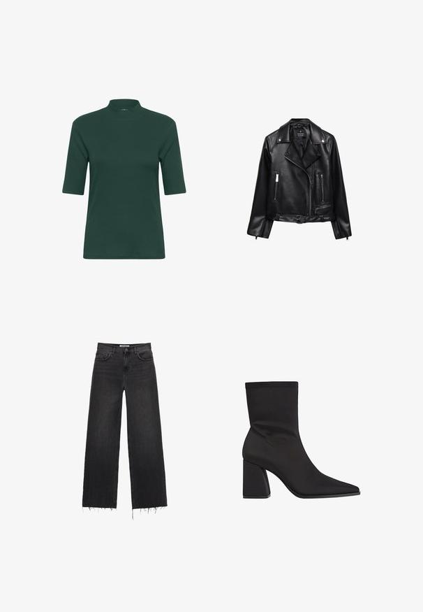 Veste de moto en cuir noir avec une taille ceinturée, des accessoires en argent, des poches zippées et un col cranté. Texture lisse et design ajusté.; Haut court à manches courtes vert foncé à côtes avec un col montant et une silhouette ajustée. Texture lisse, design minimaliste, sans motifs ni accents visibles.; Jeans en denim noir à taille haute et jambes larges avec ourlet effiloché, design à cinq poches et fermeture à bouton. Texture lisse avec une finition délavée.; Bottes noires à chevilles en tissu lisse, avec un bout pointu, un talon bloc et un design sans couture avec des détails de couture subtils.