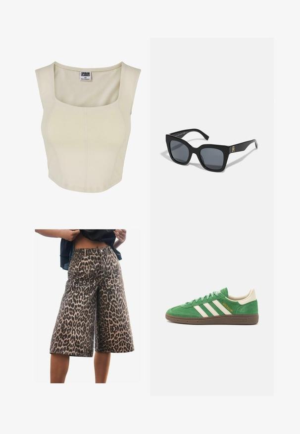 Crna kožna motociklistička jakna s pojasom, srebrnim detaljima, zatvorenim džepovima i jakim ovratnikom. Glatka tekstura i prilagođen dizajn.; Kremasti kratki top od mekanog materijala s kvadratnim izrezom, prilagođenim dizajnom i minimalnim šavovima. Etiketa glasi "Urban Classics."; Traperice kratke hlače s leopard uzorkom, labavog kroja, srednje visoki struk, strukturirane šavove i široku nogavicu. Materijal ima mekanu teksturu.; Zeleni antilop tenisice s bijelim dizajnom od tri pruge, kremastim detaljima i smešnim teksturiranim đonom. "SPEZIAL" izvezen zlatnim koncem sa strane.; Crne sunčane naočale s odvažnim četvrtastim oblikom, s tamnim lećama i zlatnim logotipom na jednom uhu. Izrađene su od sjajnog plastičnog materijala.