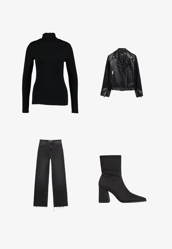 Crna kožna motociklistička jakna s pojasom, srebrnim detaljima, zatvorenim džepovima i jakim ovratnikom. Glatka tekstura i prilagođen dizajn.; Crna dug rukav turtleneck majica od glatkog materijala, s uskim krojem i visokim ovratnikom, pogodna za nošenje u slojevima ili kao samostalni komad.; Crne traperice s visokim strukom i širokim nogavicama, s frcanim rubom, dizajnom od pet džepova i kopčanjem na dugme. Glatka tekstura s izblijedjelim završetkom.; Crne gležnjače od gladke tkanine, s naoštrenim vrhom, blok petom i bezšavnim dizajnom sa suptilnim detaljima šivanja.
