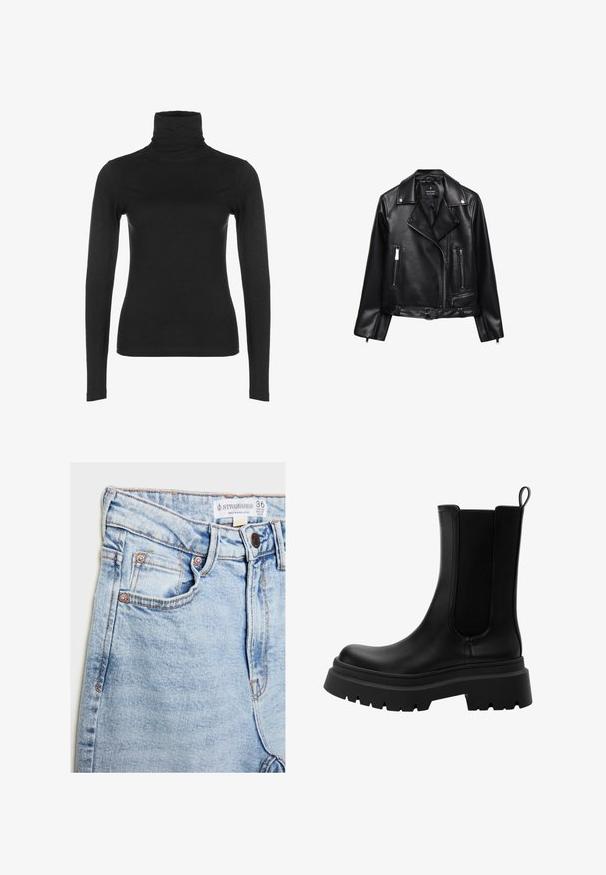 Sort lædermotorcykeljakke med bæltestrop i taljen, sølvhardware, lynlåslommer og klapkrave. Glat tekstur og tætsiddende design.; Sort langærmet turtleneck top i glat, strækbart stof. Har en høj krave og tætsiddende silhuet, uden synlige mønstre eller detaljer.; Lyseblå denimjeans med høj talje, fem lommer, hardware i kobberfarve og subtil falming, med et mærke ved taljeopdækningen.; Sorte læder Chelsea støvler med elastiske sidepaneler, kraftig gummisål og rund tå. Struktureret og glat finish.