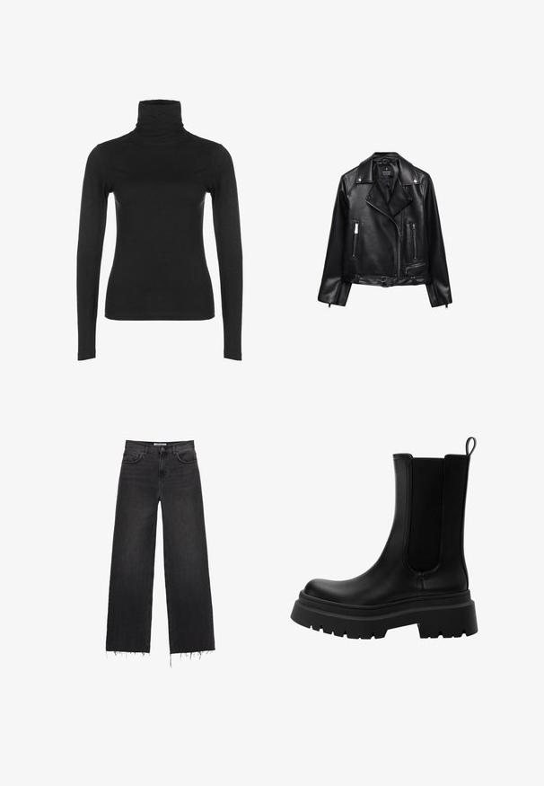 Sort lædermotorcykeljakke med bæltestrop i taljen, sølvhardware, lynlåslommer og klapkrave. Glat tekstur og tætsiddende design.; Sort langærmet turtleneck top i glat, strækbart stof. Har en høj krave og tætsiddende silhuet, uden synlige mønstre eller detaljer.; Højtaljede vide ben sorte denim jeans med frynset kant, fem lommers design og knaplukning. Glat tekstur med en slidt finish.; Sorte læder Chelsea støvler med elastiske sidepaneler, kraftig gummisål og rund tå. Struktureret og glat finish.