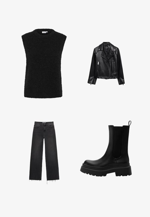 Schwarze Leder-Motorradjacke mit einem belüfteten Taillenbund, silbernen Beschlägen, Reißverschlusstaschen und einem eingekerbten Kragen. Glatte Textur und taillierte Passform.; Schwarzes ärmelloses Oberteil mit rundem Ausschnitt, aus einem weichen, strukturierten Stoff gefertigt. Verfügt über rohe Kanten und eine lockere Passform.; Hoch taillierte schwarze Jeans mit weitem Bein, fransigem Saum, fünf Taschen und Knopfverschluss. Glatte Textur mit einem verblassten Finish.; Schwarze Leder Chelsea-Stiefel mit elastischen Seitenteilen, robuster Gummisohle und abgerundetem Zeh. Texturierte und glatte Oberfläche.