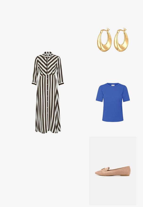 Schwarze Leder-Motorradjacke mit einem belüfteten Taillenbund, silbernen Beschlägen, Reißverschlusstaschen und einem eingekerbten Kragen. Glatte Textur und taillierte Passform.; Kaffe SAMANTHA - T-Shirt basic - surf the web cc; Langes, geknöpftes Kleid mit auffälligen braunen und weißen vertikalen Streifen. Mit Kragen, langen Ärmeln und einem fließenden Schnitt.; Rosa Wildlederschuhe mit spitzem Zehendesign, ausgestattet mit einem goldenen Hardware-Akzent und einer flachen Gummisohle für zusätzlichen Komfort.; Schwarze Lederhandtasche mit strukturierter Form, ausgestattet mit zwei goldenen Schnallen, doppelten oberen Griffen und einer glatten Textur.; Goldfarbene Creolen mit einer glatten, runden Form und glänzender Oberfläche. Mit einem einzigartigen Handdetail an der Oberseite zur Sicherung.