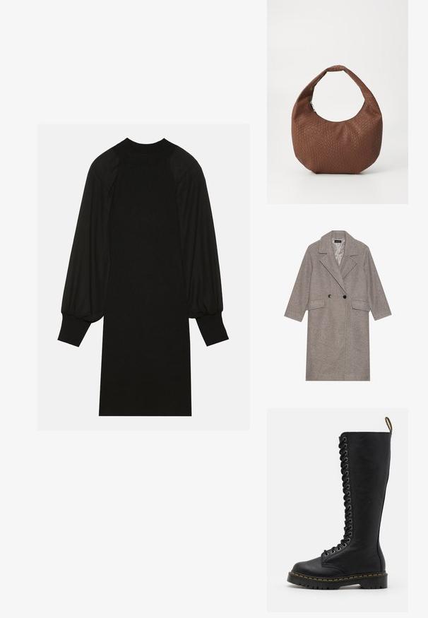 Pelēks, vilnas maisījuma, divrindu mētis ar iegriezto apkakli, divām priekšējām kabatām un lielām melnām pogām. Vidēja garuma ar teksturētu apdari.; Melna kleita ar ribotām auduma, puffētiem piedurknēm un augstu kaklu. Siluets ir taisns un beidzas pie ceļgala.; Melna ādas zābaki līdz ceļiem ar masīvu zoli, ar mežģītām priekšpusēm, metāliskiem acs caurumiem un kontrastējošām dzeltenām šuvēm.; Brūna austā rokassoma ar noapaļotu formu, kurai ir viena polsterēta rokturis un teksturēta virsma. Nav redzamu aparatūras vai akcentu.