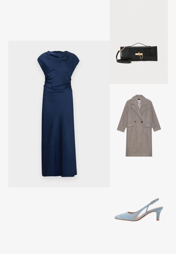 Gray, wool-blend, double-breasted coat with a notched collar, two front pockets, and large black buttons. Mid-length with a textured finish.; Navy blue, sleeveless maxi dress with a draped neck and gathered waist. Smooth, lightweight fabric with a floor-length silhouette.; Light blue suede slingback heel, pointed toe, adjustable ankle strap with metal buckle, natural beige insole, and low heel.; Black clutch bag with a textured finish, gold chain strap, and a clasp closure. Rectangular shape with a sleek, minimalistic design.