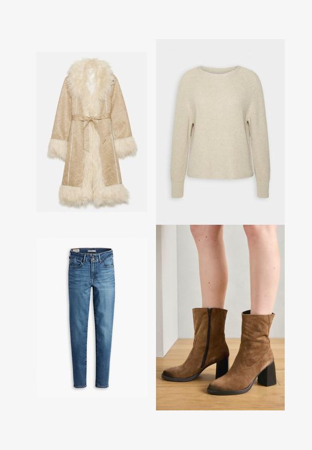 Beige frakke med en fluffy hvid faux fur krave og manchetter. Har en bæltebinding og en tekstureret stof med et subtilt mønster.; Lyserød strikket sweater med rund halsudskæring, raglanærmer og ribbede manchetter. Teksturen er blød med en afslappet pasform og minimal detaljering.; Højtaljede, skinny jeans i lyseblå denim. Har fem lommer, frontknaplukning og klassiske syninger overalt.; Brune ruskind ankelstøvler med lynlås lukning, firkantede hæle og en glat overflade, med enkel syning langs siderne.