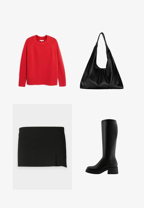 Bezsínű kabát bolyhos fehér műszőrme gallérral és mandzsettákkal. Övcsattal rendelkezik, valamint enyhén texturált anyaga van, finom mintázattal.; Next CREW NECK - Pulóver - red; Fekete mini szoknya egyenes szabással, enyhe elöl hasítékkal. Simításához rugalmas anyagból készült, a kényelem és a megfelelő illeszkedés érdekében.; Térd fölötti fekete csizmák sima szintetikus anyagból, négyzetes tömbsarokkal és minimalista varrásokkal a letisztult megjelenés érdekében.; Fekete bőr hobo táska, amely lágy, ívelt formájú. Széles felső fogantyúval rendelkezik, és az alján gyűrődésekkel bír, ami laza textúrát ad neki.